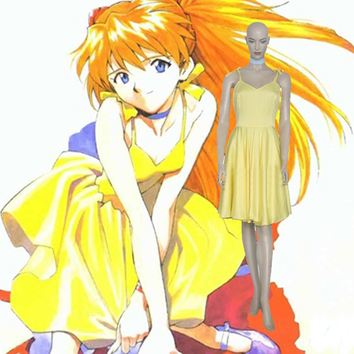 Neon Genesis Evangelion Asuka Yellow Dress Cosplay Kostume Fastelavn