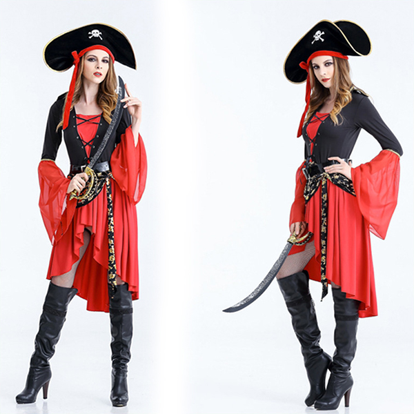 Halloween Sexet Kostume Sørøver Dame Rød Kjoler og Sørøver Hat