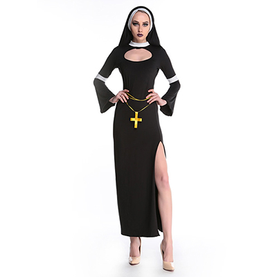 Sexy Womens Black Nun Long Dress Cosplay Costume Halloween