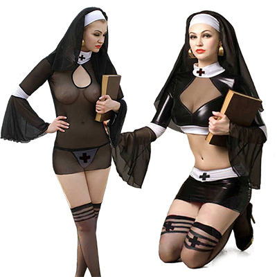 Womens Nun Outfit Black See-through Lingerie Dress Costume Cosplay Halloween