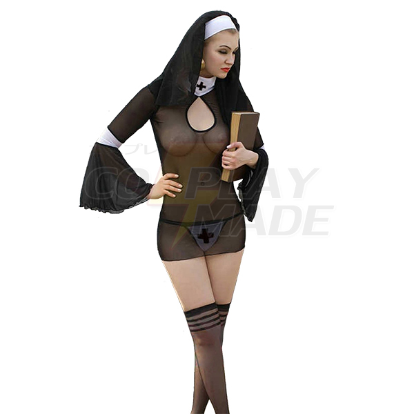 Dame Nun Udklædning Sort See-through Lingerie Kjoler Kostume Cosplay Halloween