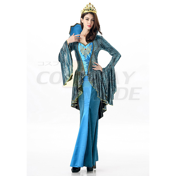 Dame Greek Gudinde Kostume Blå Hime Lang Sleeve Fake 2 Piece Lang Kjole