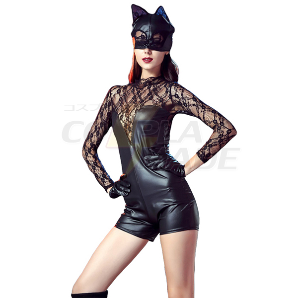 Kvinners Lingerie Faux Lær Lace Kjoler Fancy Catwoman Kostymer