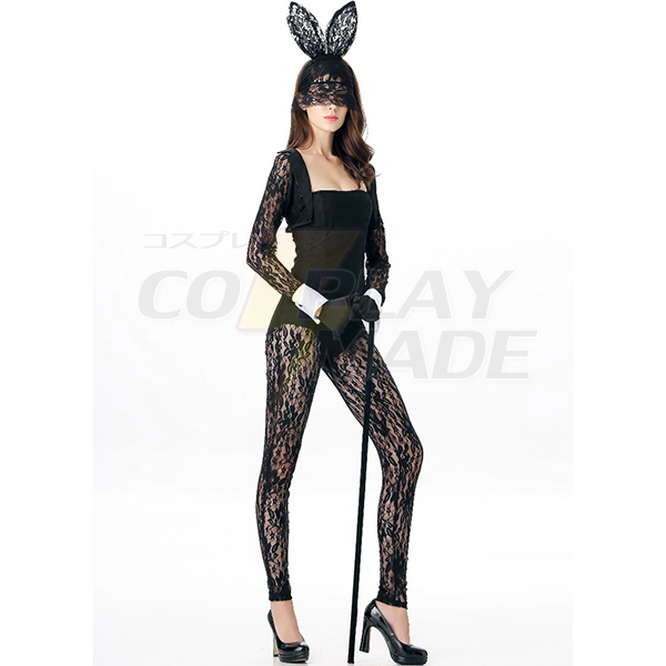 Fantasia Halloween Cosplay Kostume Sort Lace Out Kanin Jumpsuit