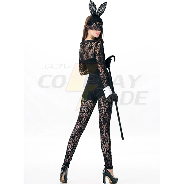 Fantasia Halloween Cosplay Kostume Sort Lace Out Kanin Jumpsuit
