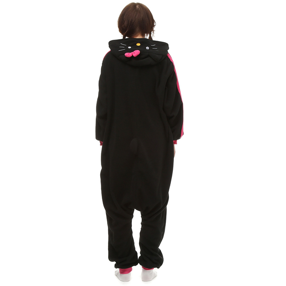 Zwart KT Cat Kigurumi Kostuum Unisex Vlies Pyjama Onesie