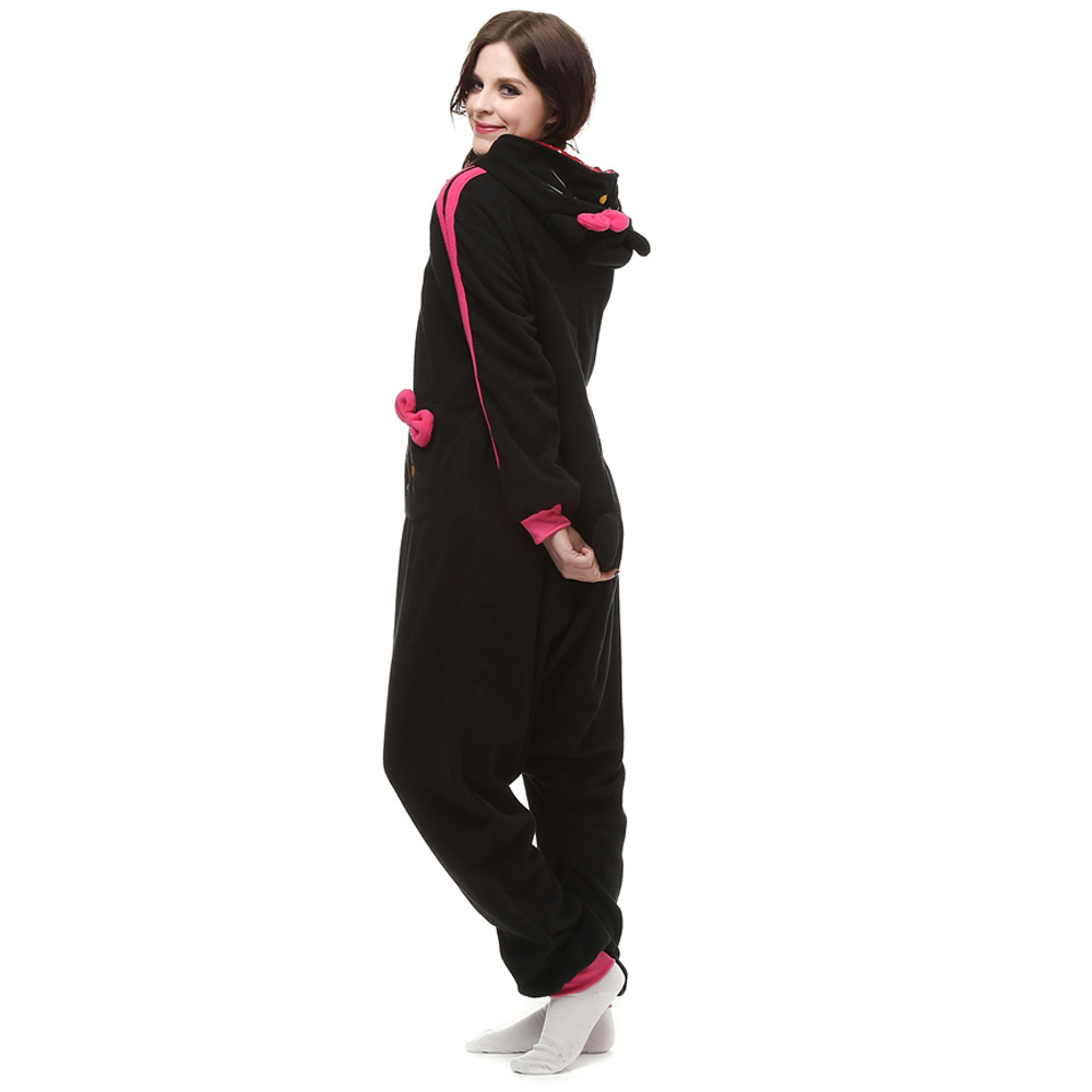 Zwart KT Cat Kigurumi Kostuum Unisex Vlies Pyjama Onesie