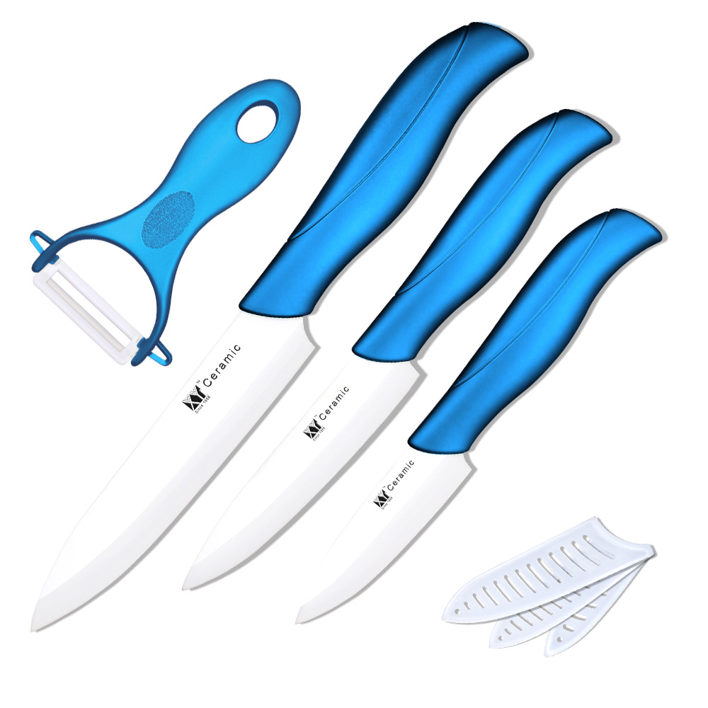 Ceramic knife 3 paring 4 utility 5 slicing knife with one blue handle + white