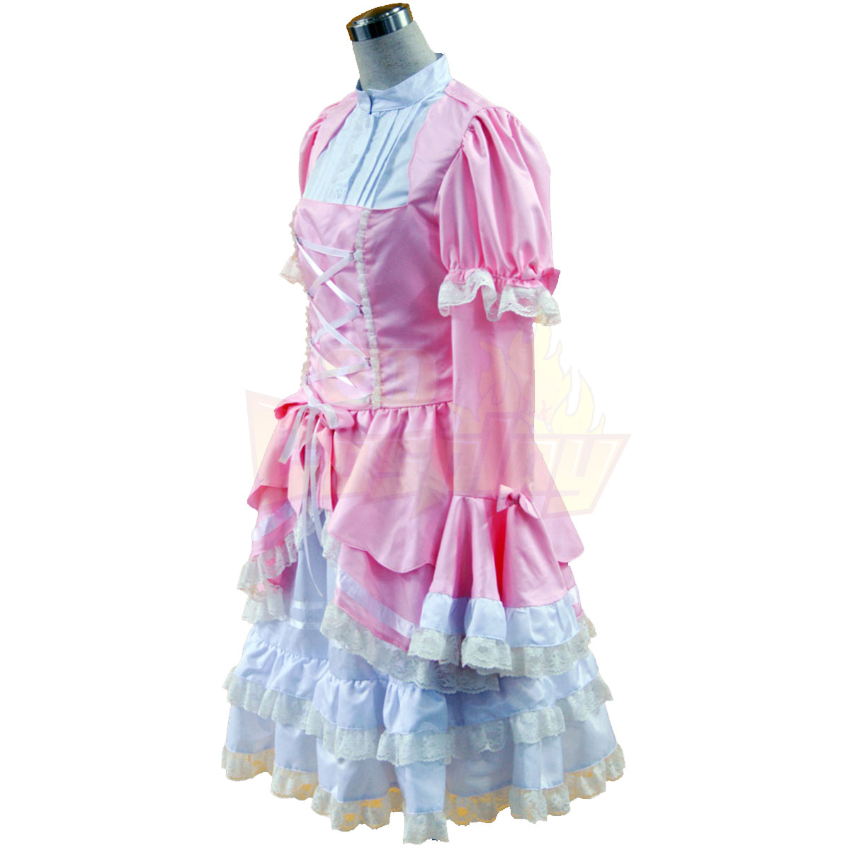 Fantasias Cultura Lolita Rosa e Branco Sleeveless Vestidos Curtos Cosplay