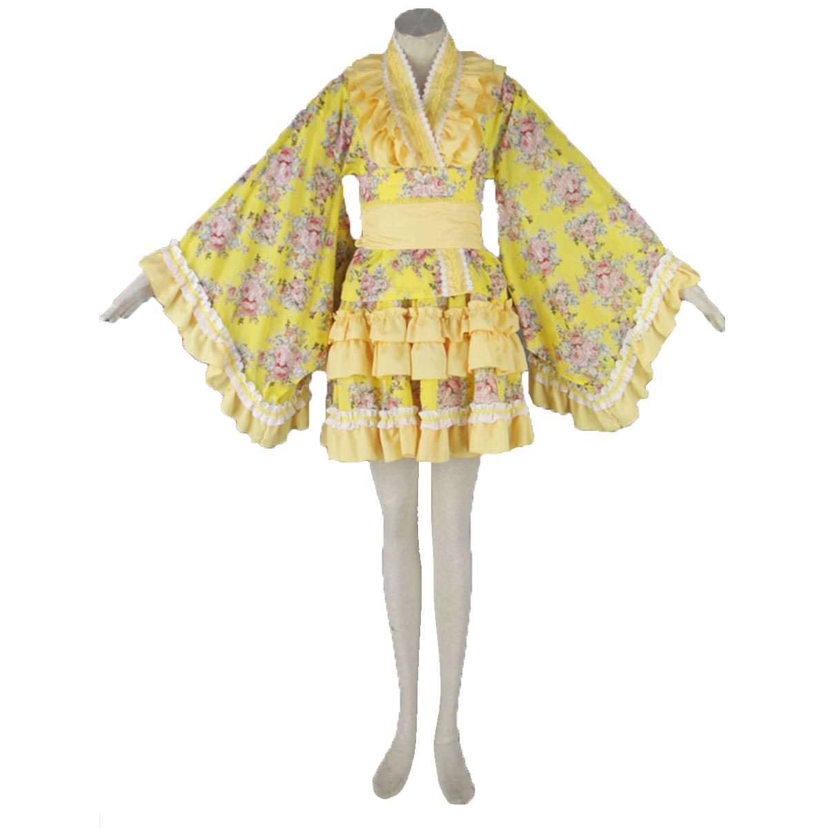 Deluxe Lolita Culture Yellow Cloth Tire Short Dresses Kimono Cosplay Costumes