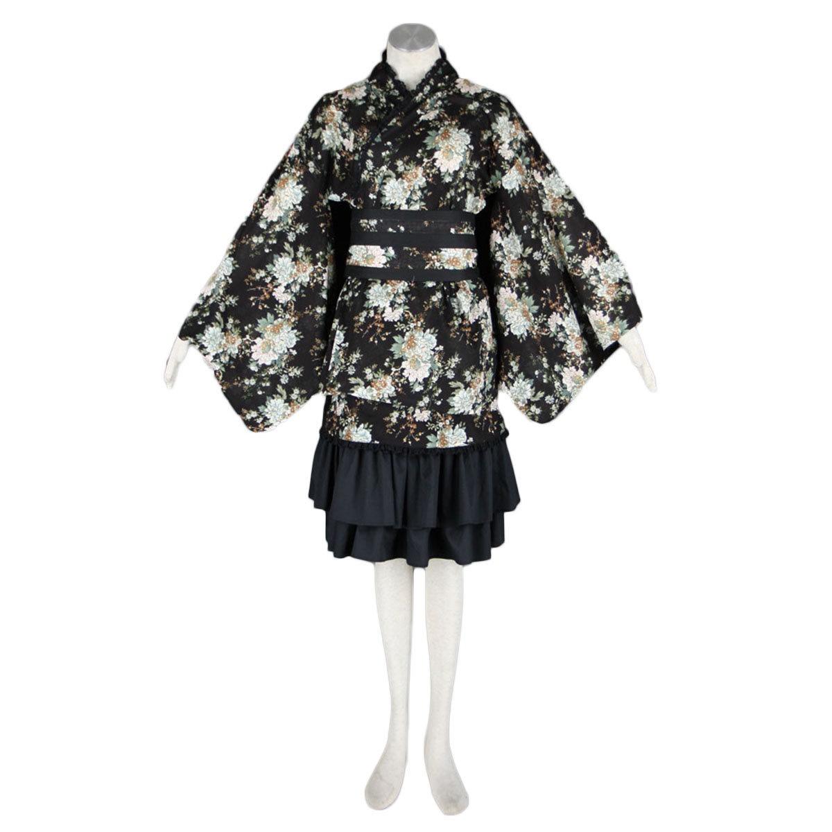 Deluxe Lolita Culture Black Partern Kimono Middle Dresses Cosplay Costumes