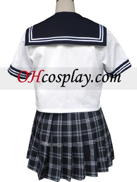 Royal Blue Short Sleeves Grid Skirt Sailor Uniform Cosplay Costume