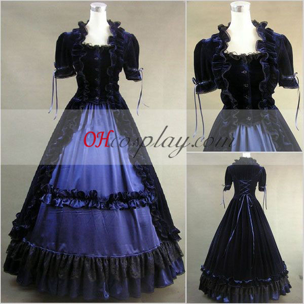 Blau-Schwarz Kurzarm Gothic Lolita Kleid