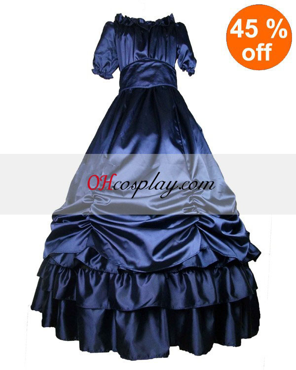 Temno modra saten Kratki rokavi Classic Lolita obleko