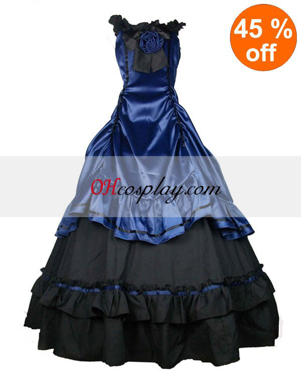 Azul acetinado preto Classic Lolita vestido