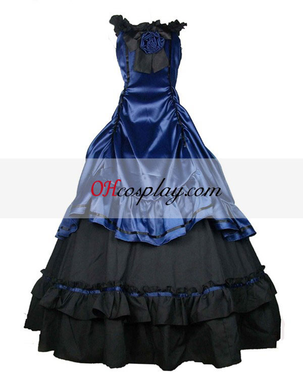 Azul acetinado preto Classic Lolita vestido
