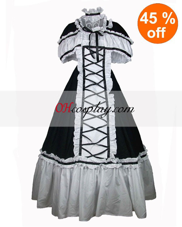 Памук черно и бяло дантела Ruffles готските Лолита рокля