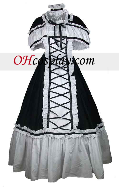 Bomull svart og hvit snor Ruffles gotiske Lolita kjole