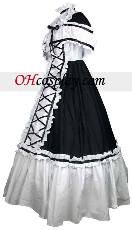 Il cotone bianco e nero Laccio Ruffles vestito Gothic Lolita