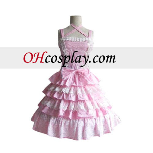 Fantastisk lagdelt Ruffles Rosa kjole Lolita Cosplay kostyme