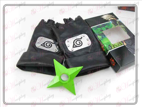 Naruto Konoha läder handskar + Grön shuriken (tredelade)
