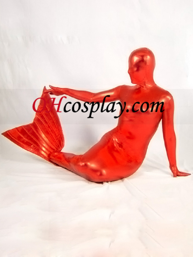 Red metallskimrande Mermaid Zentai Suit