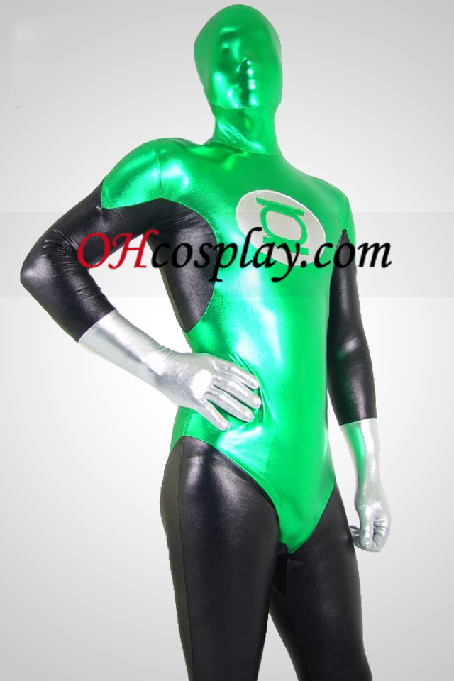 Lanterna Verde metálico brilhante super-herói Zentai Suit