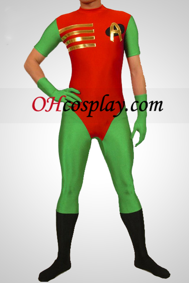 赤と緑のロビン·フッドライクラスパンデックススーパーヒーロー全身タイツスーツ