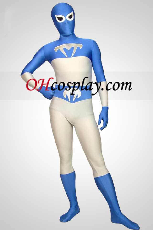 Fehér és kék lycra Full Body Superhero Zentai öltönyök