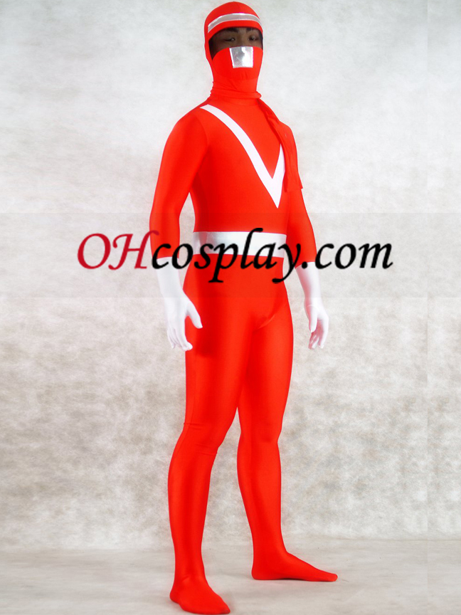 Red Lycra Spandex and Sliver Shiny Metallic Zentai Suit