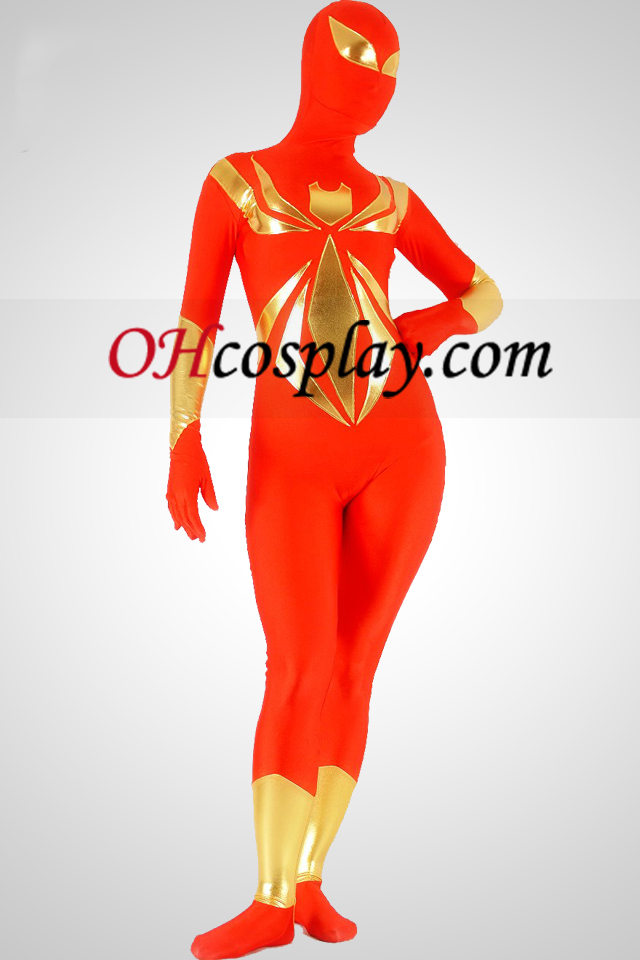 赤と金のライクラスパンデックスユニセックススーパーヒーロー全身タイツスーツ