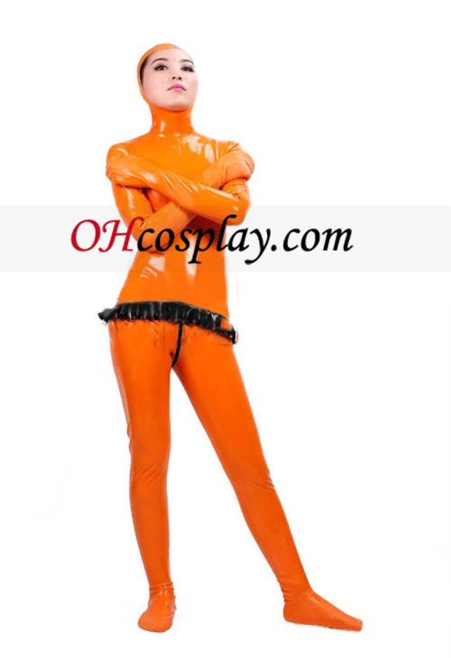 Orange Full Body Dekket Latex Catsuit med Open Face