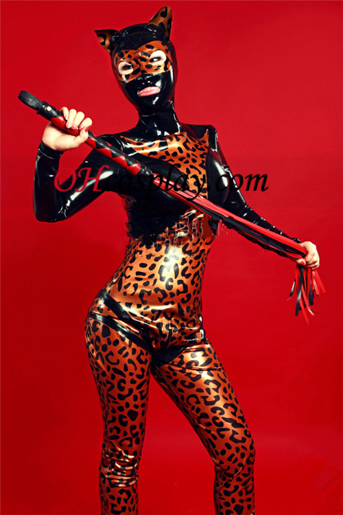 Schwarz-Leopard Latex Catsuit mit offenen Augen und Mund