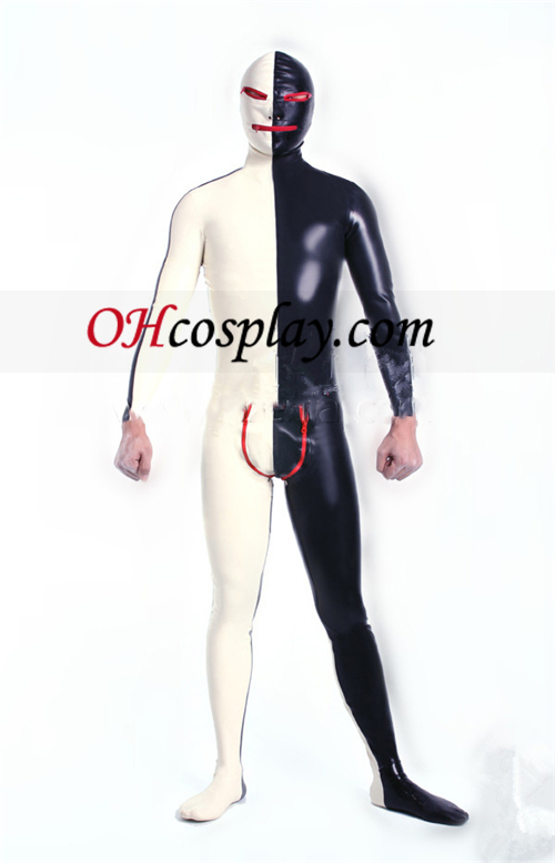 Schwarz Weiß Lycra Spandex Zentai-Anzug mit offenen Augen und Mund