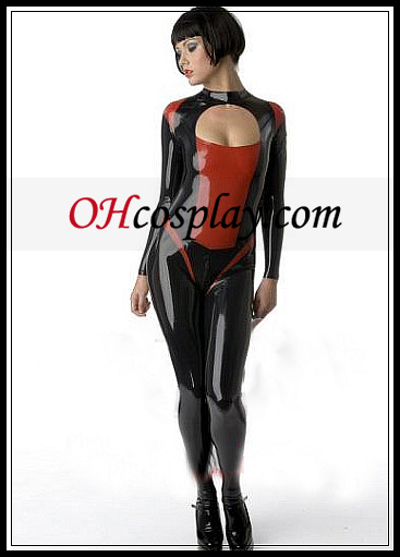 Shiny Black and Red High Neck Female Latex Costume