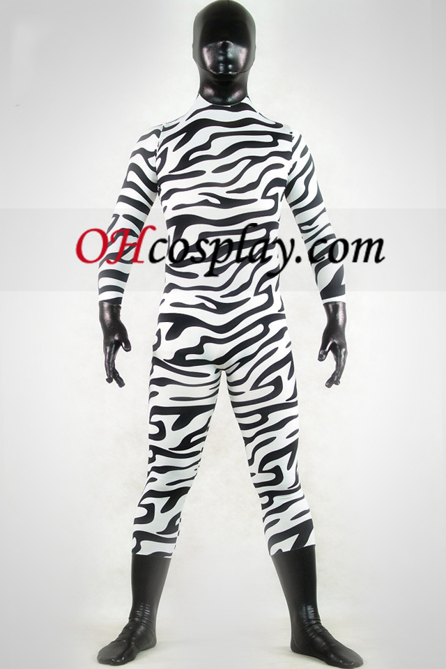 Fényes metál fehér és fekete Zebra Zentai öltönyök
