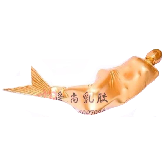 Ouro corpo inteiro coberto Sereia Latex com traje inflável Boca plug