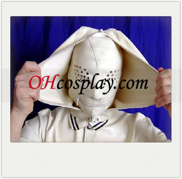 Vit Full Face Täckt SM Latex Mask med Mesh och Zippered Mouth
