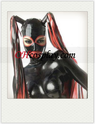 Shiny Black Female Double Tailed Latex Mask with Open Eyes and Mouth