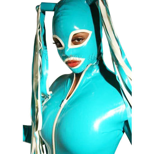 Blue Female Horse-tailed Latex Mask with Open Eyes and Mouth