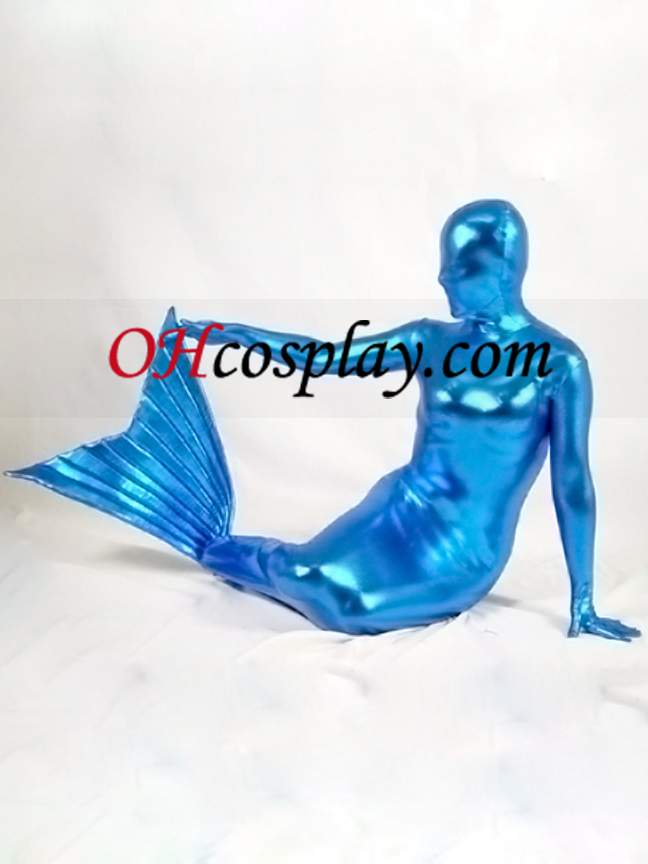 Sininen Shiny Metallic Mermaid Zentai Suit