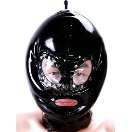 Shiny Black Two Layers Latex Mask with Transparent Eyes and Open Mouth