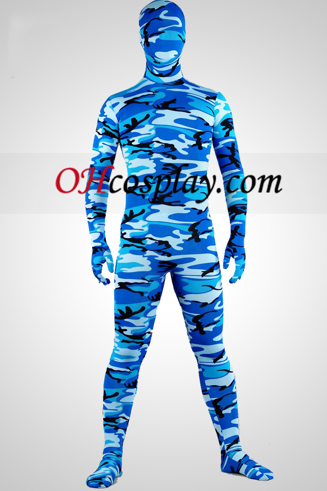 Modra Camouflage Lycra Spandex Zentai Obleky