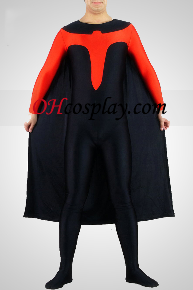 ケープ黒と赤のライクラスパンデックスキャットスーツ