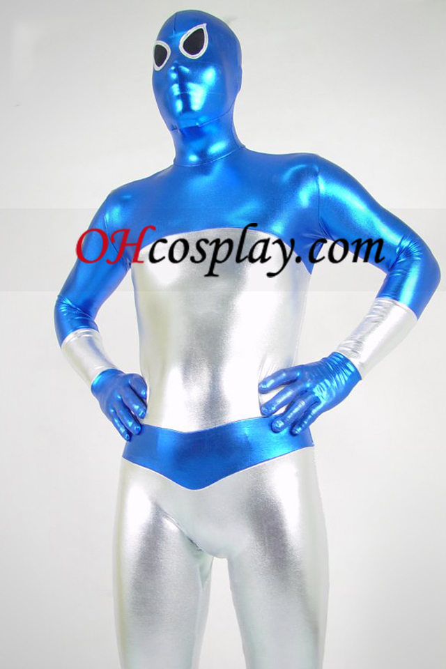 Azul e prata metálico brilhante Zentai Suit