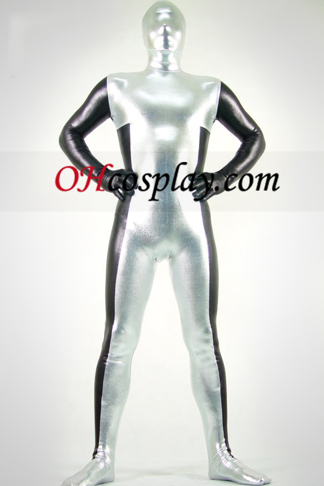 Sølv og sort Shiny Metallic Zentai Suit