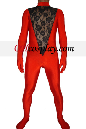 Red Black Lace Lycra Zentai Suit