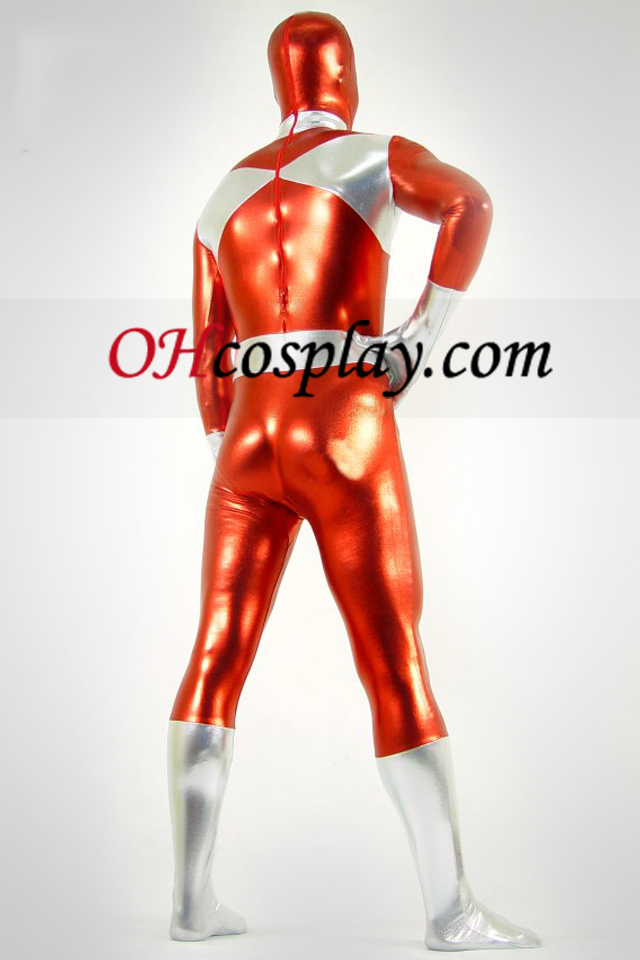 Prata e vermelho metálico brilhante Zentai Suit