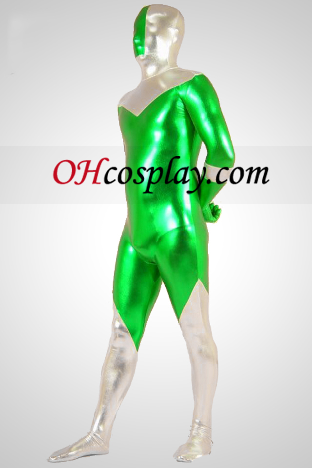 Green И Silver Metallic Зентай Shiny Suit