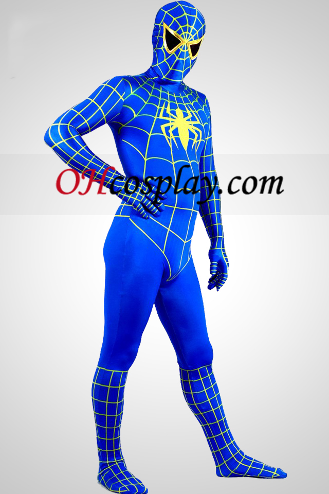 Bleu et jaune Lycra Spandex Zentai Spiderman Superhero